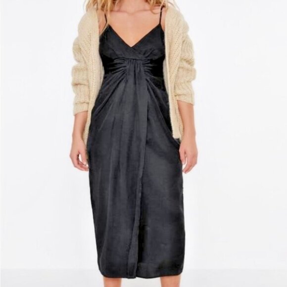 Zara Dresses & Skirts - Zara Women's Black Draped Sleeveless Adjustable Strap Midi Dress Sz Medium